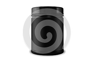 Sport Nutrition, Whey Protein and Gainer. Black Plastic Jar mockup isolated on white background. photo