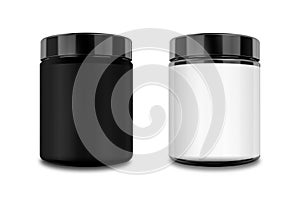 Sport Nutrition, Whey Protein and Gainer. Black Plastic Jar mockup isolated on white background. photo