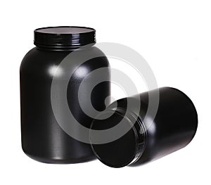 Sport Nutrition, Whey Protein and Gainer in Black Plastic Jars photo