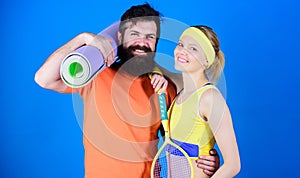 Sport is our life. Healthy lifestyle concept. Man and woman couple in love with yoga mat and sport equipment. Fitness