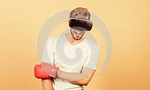 Sport is our life. modern gadget. Training boxing game. vr boxing. future innovation. man in VR glasses. Futuristic