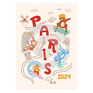 Sport Paris 2024 poster in vector. Surfing, climbing, skating, breakdancing sport elements. Cute extreme activity
