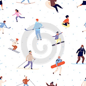 Sport pattern. Winter activity, snowboard ski skating adults and children. Season snow active time vector background