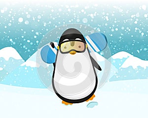 Sport Penguin With Blue Snowboard and yellow Protective Mask. Snowboarding Goggles on snowy mountains background. Stock Vector