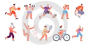 Sport people characters. Healthy women running, professional athlete. Person playing soccer, isolated sporting woman