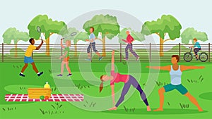 Sport people in park outdoor vector illustration. Flat activity at nature, man woman character ride bicycle, doing