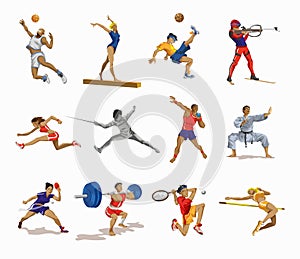 Sport people set. Collection of different sport activity. Professional athlet doing sport. Basketball, football,karate