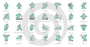 Sport people simple line icons. Vector illustration with minimal icon - exercise, yoga, active man, running, treadmill