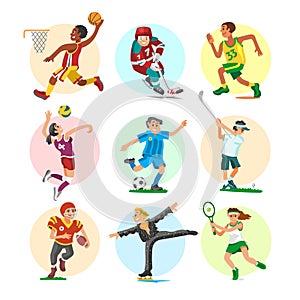 Sport people sportsmen woman and man flat fitness activities workout athletic characters vector illustration.