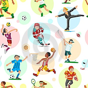 Sport people woman and man flat fitness activities workout athletic sportsmen characters vector illustration seamless