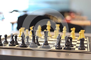 Sport. Playing chess on the tournament. Many pieces on chess game board