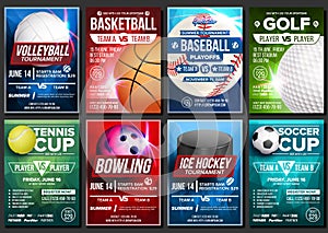 Sport Poster Set Vector. Basketball, Tennis, Soccer, Football, Golf, Baseball, Ice Hockey, Bowling. Vertical Design For