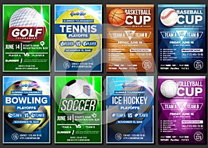 Sport Poster Set Vector. Ice Hockey, Bowling, Basketball, Golf, Baseball, Tennis, Soccer, Football. Banner Advertising