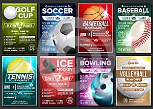 Sport Poster Set Vector. Tennis, Basketball, Soccer, Golf, Baseball, Ice Hockey, Bowling. Event Announcement. Banner