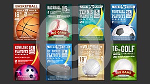 Sport Posters Set Vector. Golf, Baseball, Ice Hockey, Bowling, Basketball, Tennis, Soccer. Design For Sport Bar