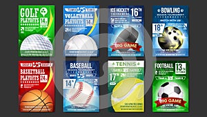 Sport Posters Set Vector. Golf, Baseball, Ice Hockey, Bowling, Basketball, Tennis, Soccer, Football. Event Announcement