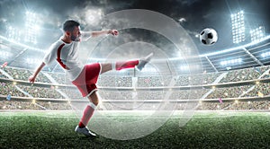 Sport. Professional soccer player kicking a ball. Night 3d stadium with fans and flags. Soccer concept. Soccer action