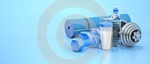 Sport quipment, mat, dumbells and protein shaker  for fitness and gym on blue background