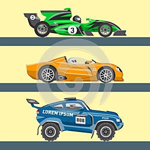 Sport race car vector speed automobile and offroad rally car colorful fast motor racing auto driver transport motorsport