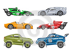 Sport race car vector speed automobile and offroad rally car colorful fast motor racing auto driver transport motorsport