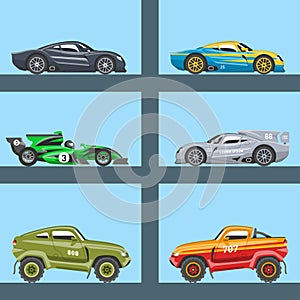 Sport race car vector speed automobile and offroad rally car colorful fast motor racing auto driver transport motorsport