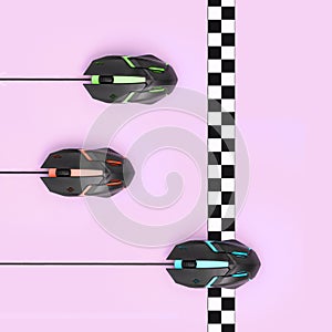 Sport race among computer mouses cross finish line