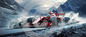 Sport racing cars. Formula One race on snow.