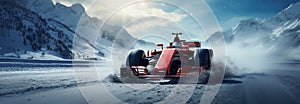 Sport racing cars. Formula One race on snow.