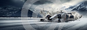 Sport racing cars. Formula One race on snow.