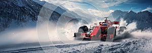 Sport racing cars. Formula One race on snow.