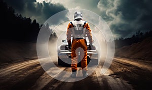 Sport racing driver standing. Rally racer in helmet and suit. generative ai