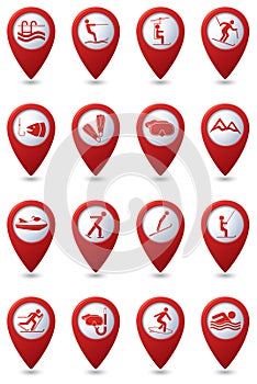 Sport and recreation icon set on map pointers