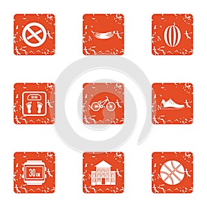 Sport regimen icons set, grunge style