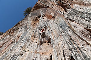 Sport rock climber on challenging climbing route