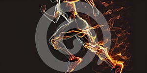 Sport. Runner. Side view of a jogger legs with the power on black, Fire and energy