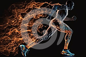 Sport. Runner. Side view of a jogger legs with the power in the veins isolated on black. Fire and energy Generative AI