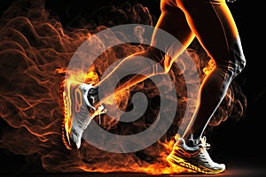 Sport. Runner. Side view of a jogger legs with the power in the veins isolated on black. Fire and energy Generative AI