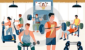 Sport`s men and women doing exericeses at Gym. Body building men and fitness women lifring dumbell. Gym workout vector photo