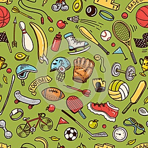 Sport Seamless pattern. Icons doodle style. Equipment for fitness and training. Symbols of health and activity. Tennis