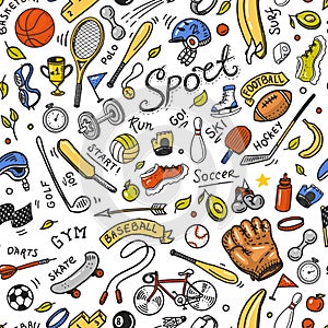 Sport Seamless pattern. Icons doodle style. Equipment for fitness and training. Symbols of health and activity. Tennis