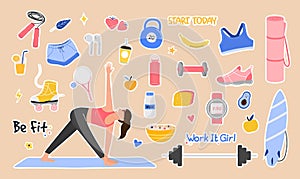 Sport set lifestyle concept. Cute girl doing exercises trying to keep fit. Hand drawn funny elements of a healthy