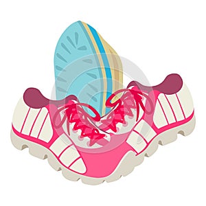Sport shoes icon isometric vector. Pair of pink sneakers and cordless iron icon