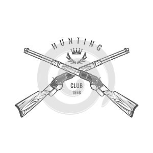 Sport shooting emblem with crossed rifles, old hunting guns label, firing club