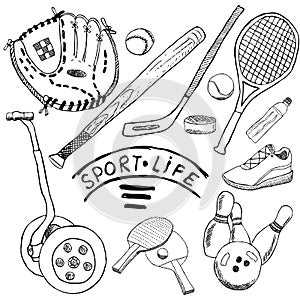 Sport sketch doodles elements. Hand drawn set with baseball bat and glove, bowlong, hokkey tennis items, Drawing doodle col