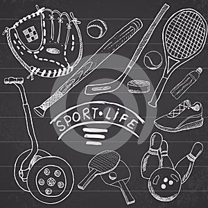 Sport sketch doodles elements. Hand drawn set with baseball bat and glove, segway bowlong, hokkey tennis items, Drawing doodle col
