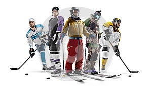 Sport. Skiing and hockey athletes. Winter sports. Professional athletes. Sport collage. Isolated in white. Sport concept