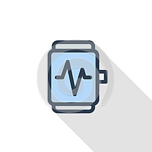 Sport smart watch modern mobile device with pulse screening monitor thin line flat color icon. Linear vector symbol