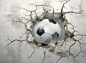 Sport soccer ball coming in cracked wall with grunge texture. Created with Generative AI technology.