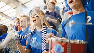 Sport Stadium Big Event: Beautiful Cheering Girl. Crowd of Fans with Painted Faces Cheer, Shout for