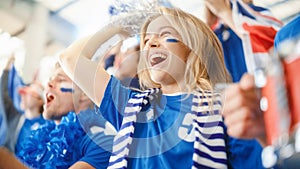 Sport Stadium Big Event: Beautiful Cheering Girl. Crowd of Fans with Painted Faces Cheer, Shout for